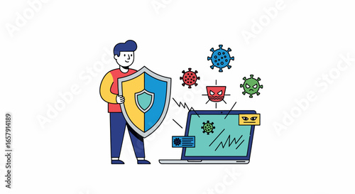 Cybersecurity Protection: Man with Shield Defending Laptop from Virus and Malware Threats