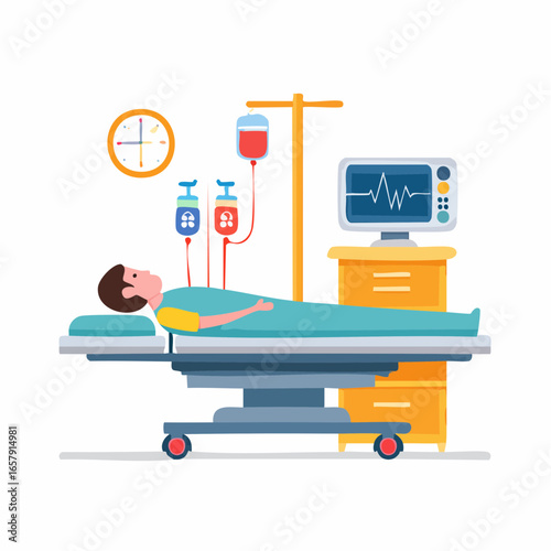 ntensive care unit icons with ICU monitoring, ventilators, and critical care patients in flat modern vector design.