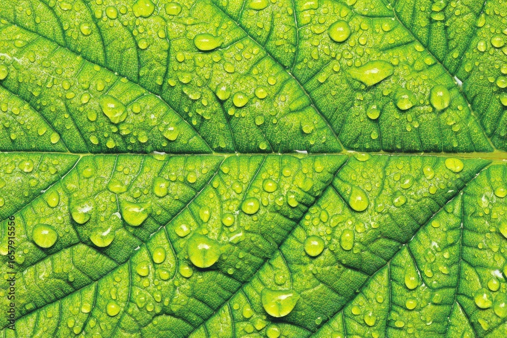 Fototapeta premium Close-up of a vibrant green leaf covered in water droplets (1)