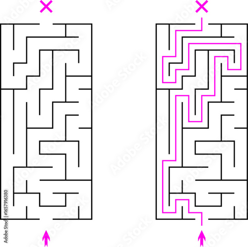 Vector vertical rectangular labyrinth with entry and exit. Difficulty level - easy. Children logic game. Not hard riddle solated on white background for kids and parents with solution