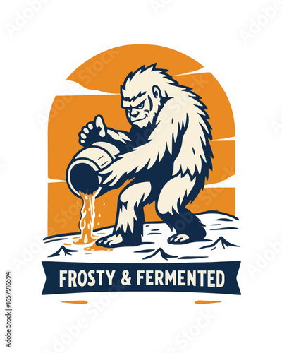 Alpine Yeti pouring beer, cartoon style, orange, Frosty & Fermented