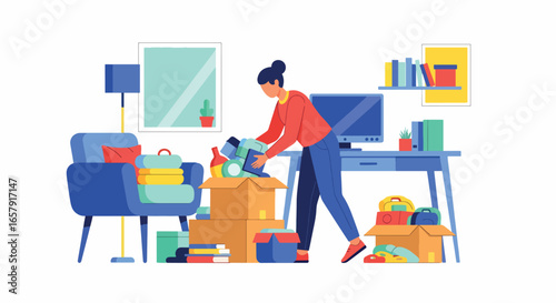 Woman Packing Boxes for Moving Home Flat Vector Illustration