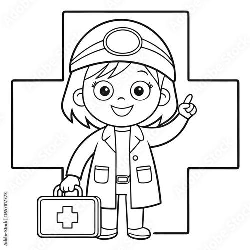 Coloring page outline of a cartoon doctor with a first aid kit, featuring a friendly medical scene, perfect for kids, creative drawing, educational activities, and health.