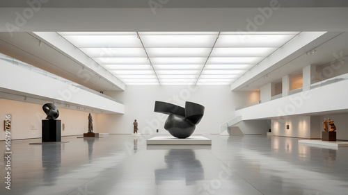Modern art gallery interior with sculptures and reflective floor