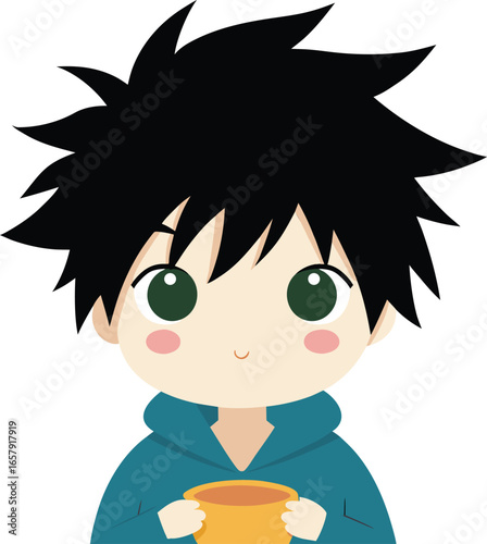 Cute anime boy with messy hair holding a cup of ramen, Cute chibi anime boy wearing an oversized hoodie with a shy face, 