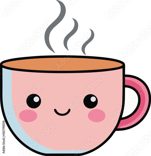 tea cup with blushing anime face, tea cup vector, anime cup, 