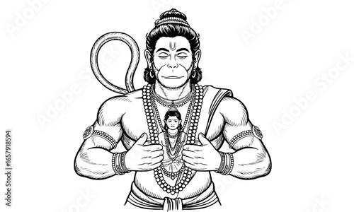 "Detailed Black and White Line Art of Lord Hanuman Revealing Lord Rama"