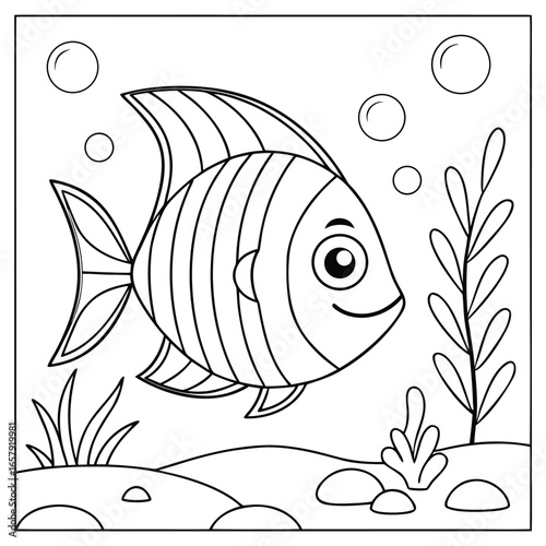 Coloring page outline of a cartoon coral fish. Page for coloring book of funny fish for kids. Anti-stress activity, black and white vector illustration, perfect for creative drawing and relaxation.