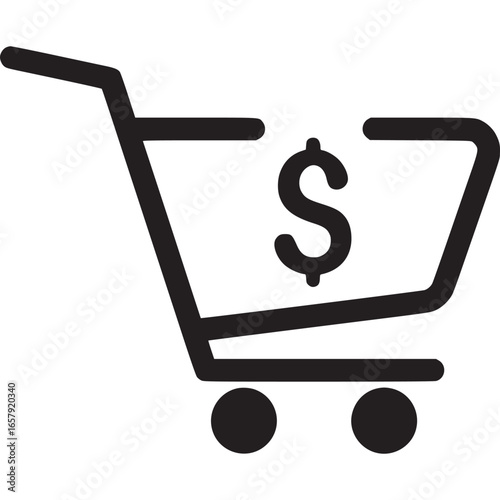 Shopping cart icon with dollar sign isolated on white background representing online purchase, retail, commerce, finance, and business transactions for consumers