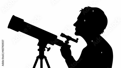 Silhouette of a man looking through a telescope with stars inside his silhouette on a white background