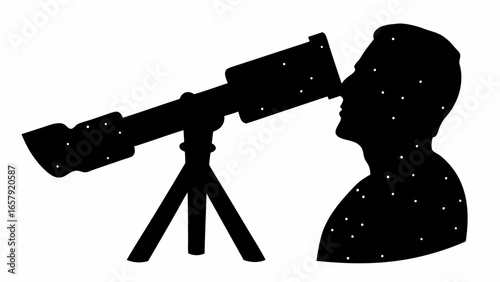Silhouette of a person looking through a telescope with stars inside their silhouette in black and white