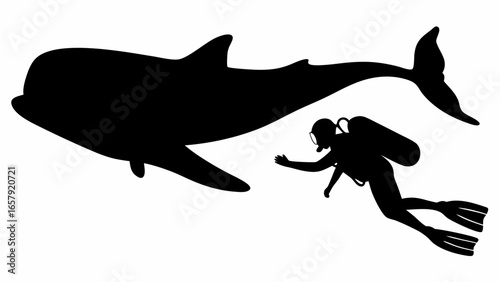 Silhouette of a large dolphin swimming near a scuba diver in black and white underwater scene image view