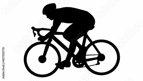 Silhouette of a cyclist riding a road bike with drop handlebars and wearing a helmet on a white background