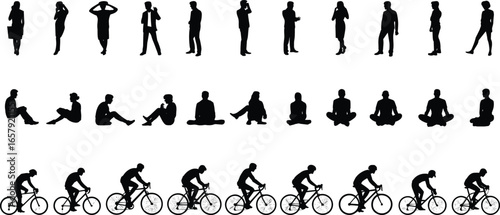 Cad drawing flat vector illustration, people silhouette pack, walking, sitting, cycling, office workers, meditation poses, diverse human positions, black vector.