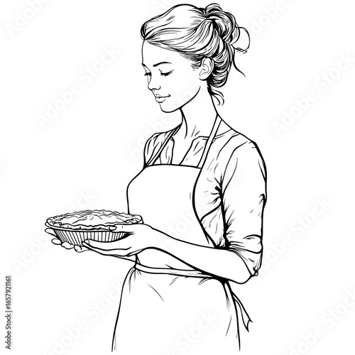 Woman holding freshly baked pie while wearing apron in kitchen  
