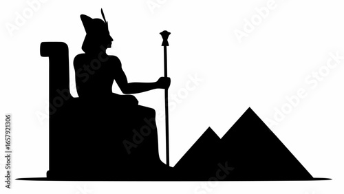 Silhouette of pharaoh sitting on a throne with pyramids in the background holding a royal scepter staff