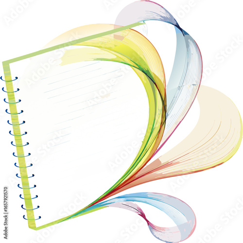 Colorful abstract notebook illustration with spiral binding and flowing lines and copy space