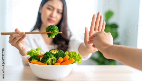 Woman refusing a bowl of vegetables