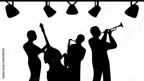 Silhouette of jazz band performing under stage lights with trumpet saxophone and bass on white background
