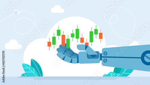 Robot's hand holding upon green and red candlestick chart.  AI helps trader to analyze data on securities trading stock exchange market. Robot for automation trade on fund market.Vector illustration.