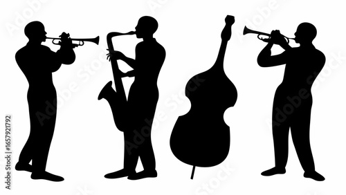 Silhouette illustration of jazz band with trumpet saxophone and bass performing on a white background