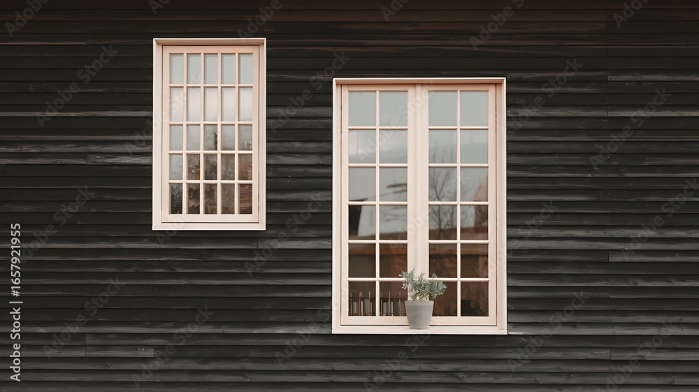 Fototapeta premium Architectural Details of a Rustic Building with Pale Pink Windows