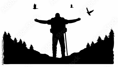 Silhouette of a hiker with outstretched arms amidst trees and flying birds in a monochrome landscape view