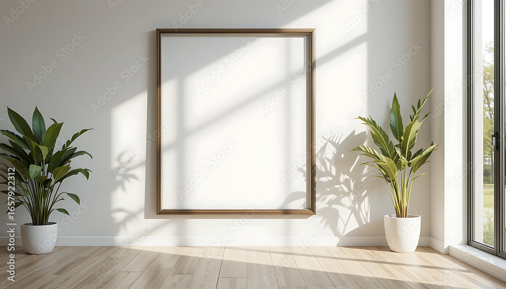 Fototapeta premium A sunlit space featuring a centered framed canvas on a white wall with two plants flanking a window, 32K Resolution