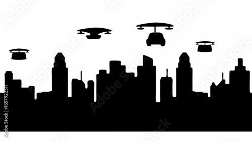 Silhouette of a city skyline with buildings and flying drones and a car in the sky above the city view