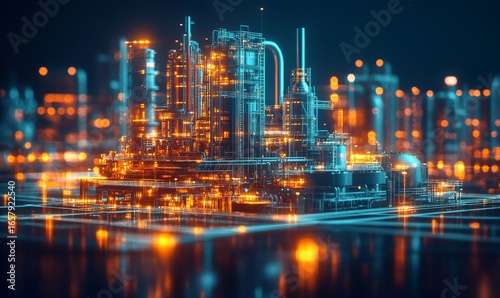 Industry 4.0 concept with a smart factory building on a dark background, evoking a futuristic sense of cyberspace and advanced automation in industrial processes, Generative AI
