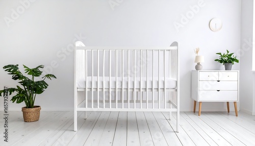 A pristine white nursery features a crib, dresser, and houseplants.
