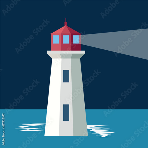 Vector Image of Coastal Lighthouse Shining Light Across Ocean Waters against a Deep Blue Background during Nighttime with Water Reflections