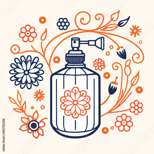 Vector art of decorative perfume bottle with floral design and spray nozzle