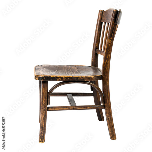 Aged wooden chair with a rustic finish on transparent background