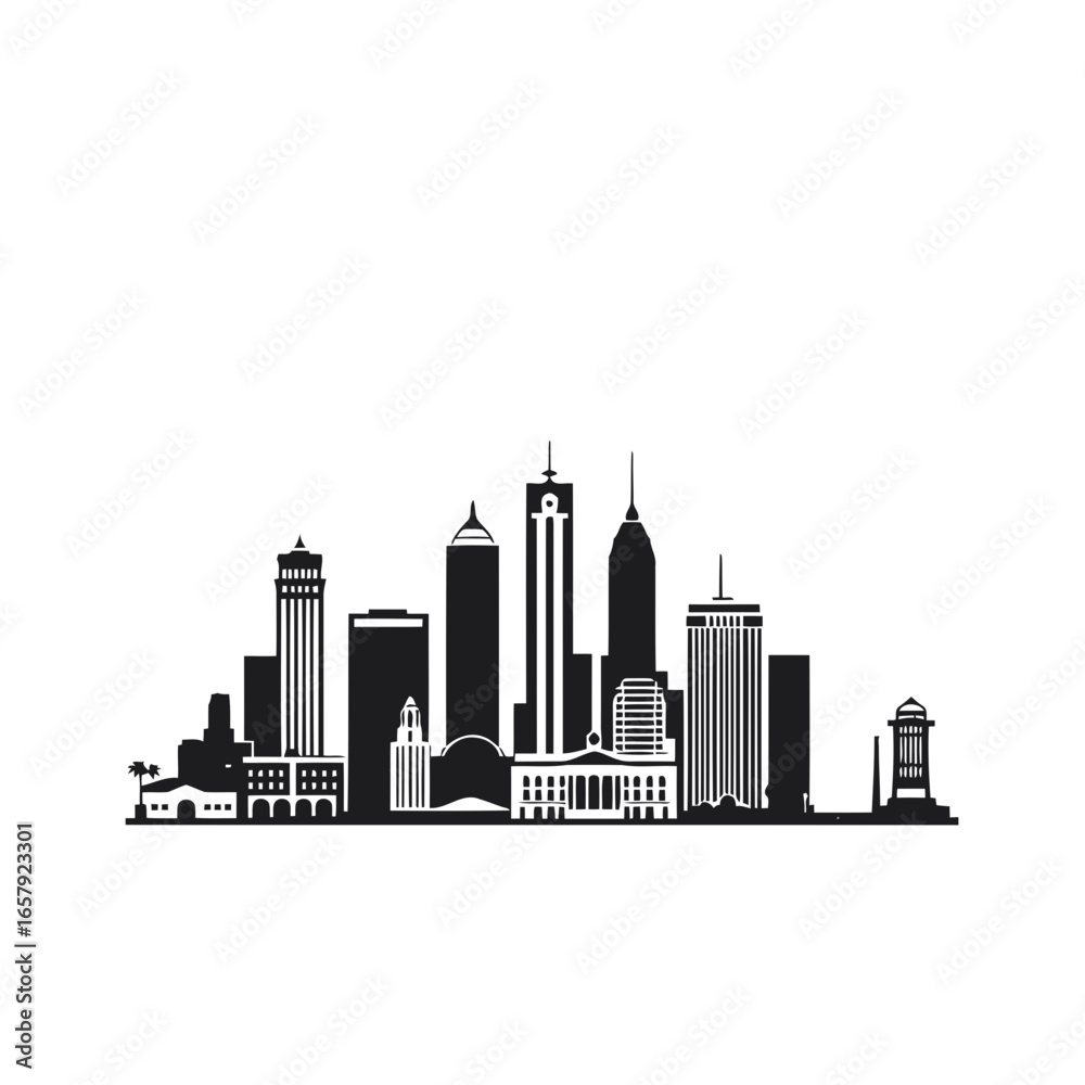 Obraz premium City skyline vector illustration of a modern urban cityscape silhouette with prominent skyscraper towers and architecture