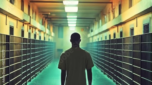 Prisoner silhouette in white t-shirt walking at prison corridor