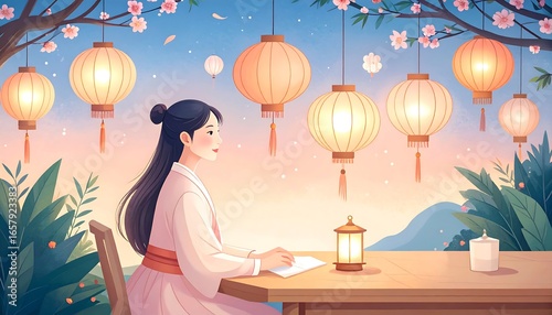 Woman writing at table, lanterns