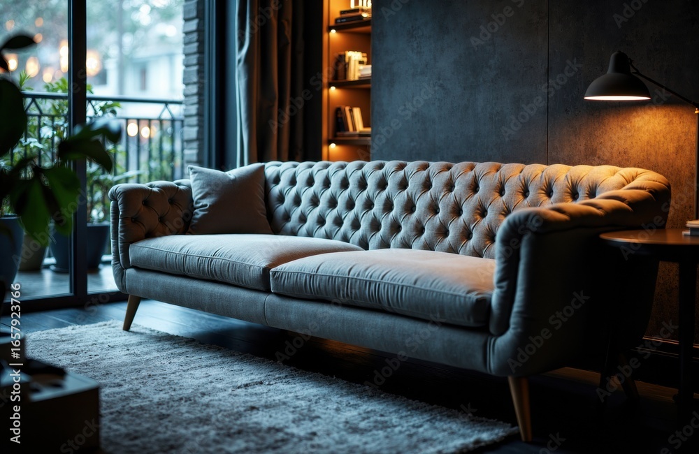 Obraz premium A stylish gray tufted sofa in a modern living room with warm lighting and large window