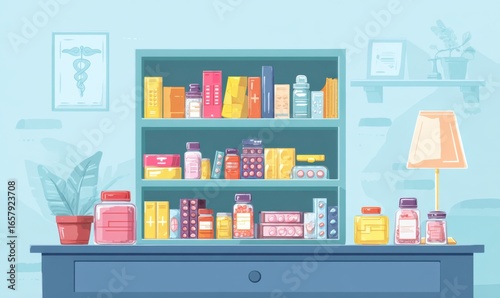Medicines and health products organized on a modern shelf