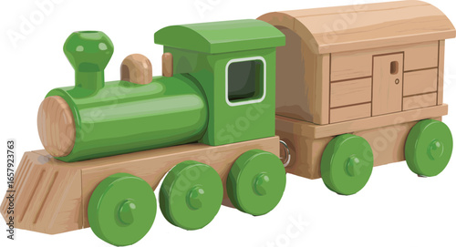 Cad drawing flat vector illustration, wooden toy train, green engine with cargo wagon, kids classic toy, eco-friendly child playset.