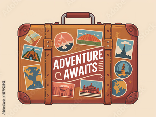 A Nostalgic Retro Illustration of a Vintage Suitcase Covered in Colorful Travel Stickers from Around the World, Symbolizing Wanderlust and Adventure