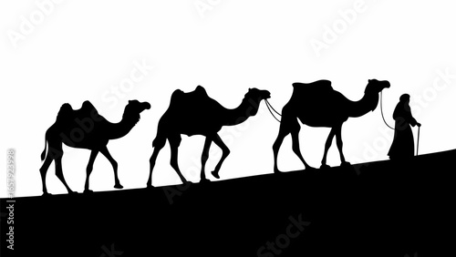 Silhouette of a caravan with three camels and a person walking in the desert landscape illustration