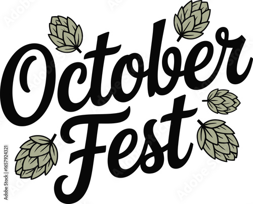 October Fest lettering with green hop clusters on white background text typography
