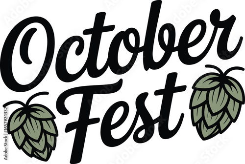 October Fest lettering with green hop cones on a white background text typography