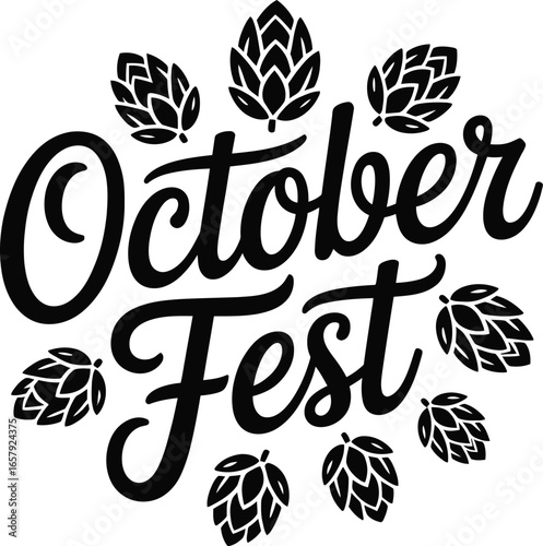 October Fest lettering with hop cones arranged in a circle on white background beer