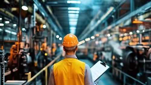 A factory worker in a yellow safety helmet and vest checking 
