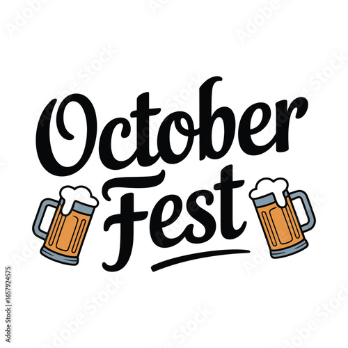 October Fest lettering with two beer mugs on white background oktoberfest celebration