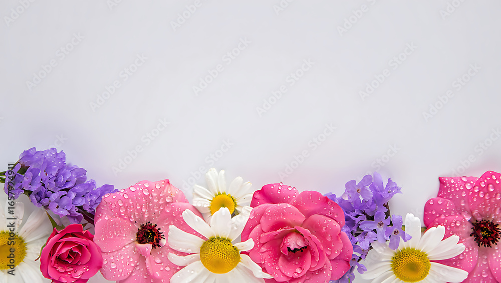 Fototapeta premium Spring floral border with pink and white blossoms