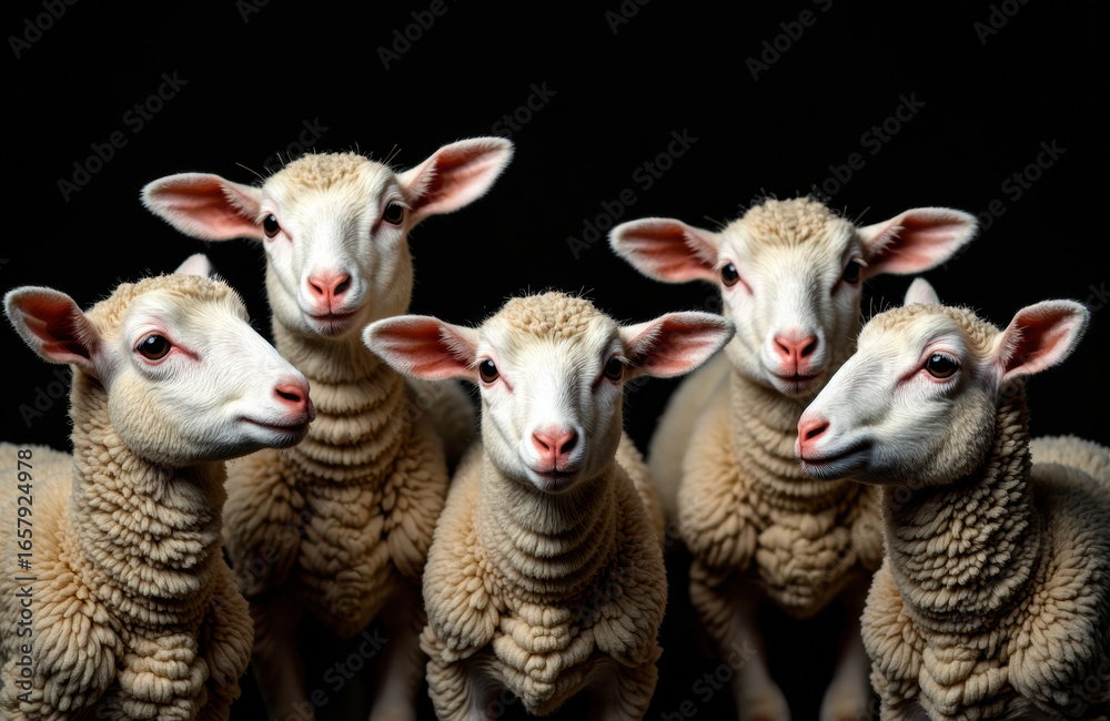 Fototapeta premium Five young sheep with woolly coats and alert expressions pose against a black background