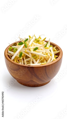 Wooden bowl of sprouted mung beans